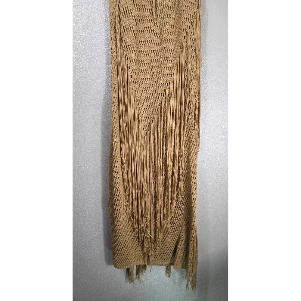 boho crochet fringe maxi dress M tan cutout lace up back resort